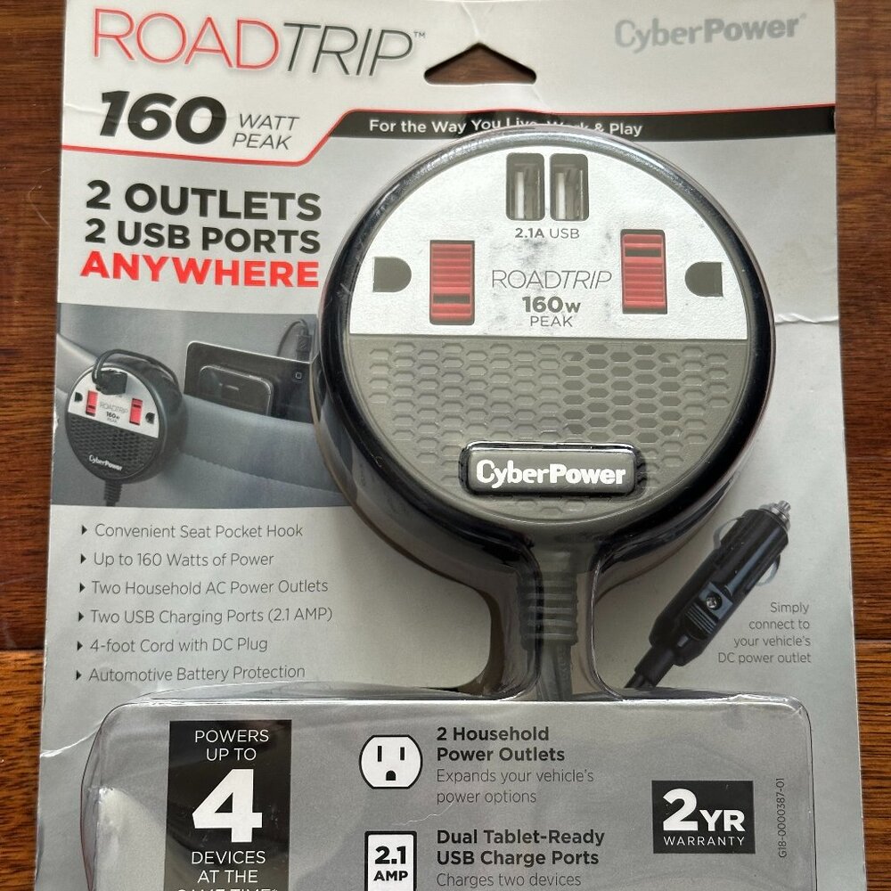 CyberPower RoadTrip 160W 12V DC Inverter Car Auto 2 AC Outlets 2 USB CPS160PPB2U